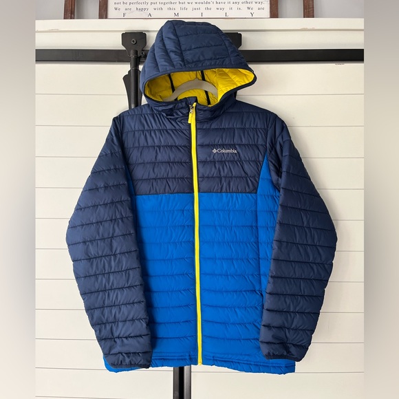 Columbia Boys XL Powder Lite Navy Blue Yellow Hooded Puffer Coat Omni Heat 18/20 - Picture 2 of 6